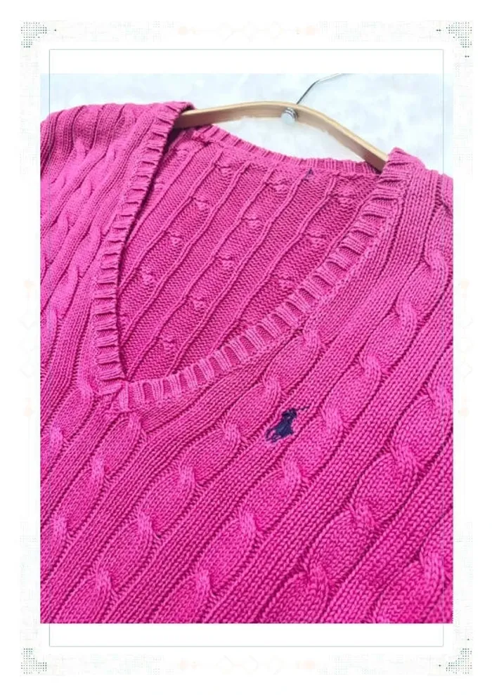 Ralph Lauren pull femme coton torsadé rose col V taille M - photo numéro 4