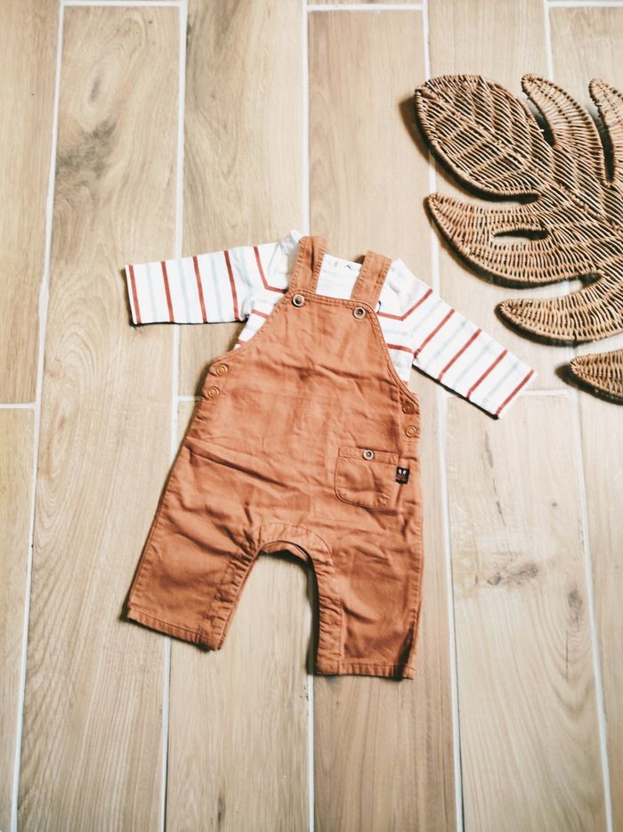 🐰Orchestra - Ensemble salopette marron et t-shirt à rayures motif lapin-taille 18mois - photo numéro 3