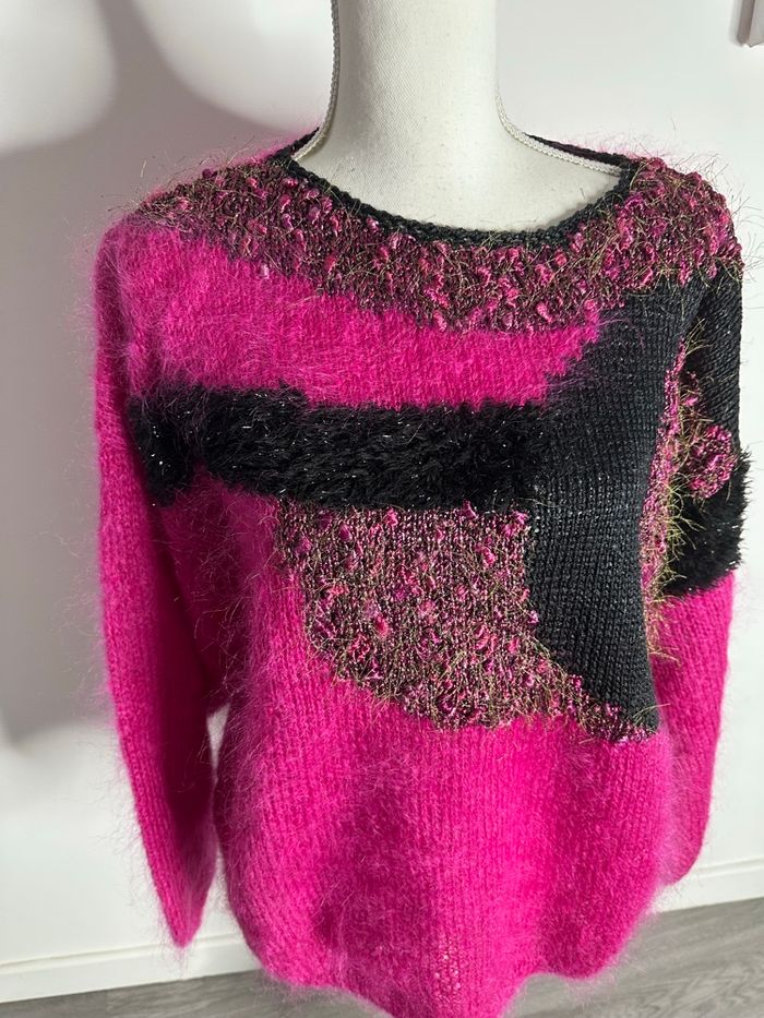 Pull oversize angora et mohair rose fuchsia et noir Anny Blatt Vintage T42 XL - photo numéro 3