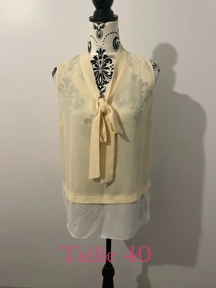 Blouse débardeur sans manche jaune clair et blanc en voile noeud cravate devant taille 40