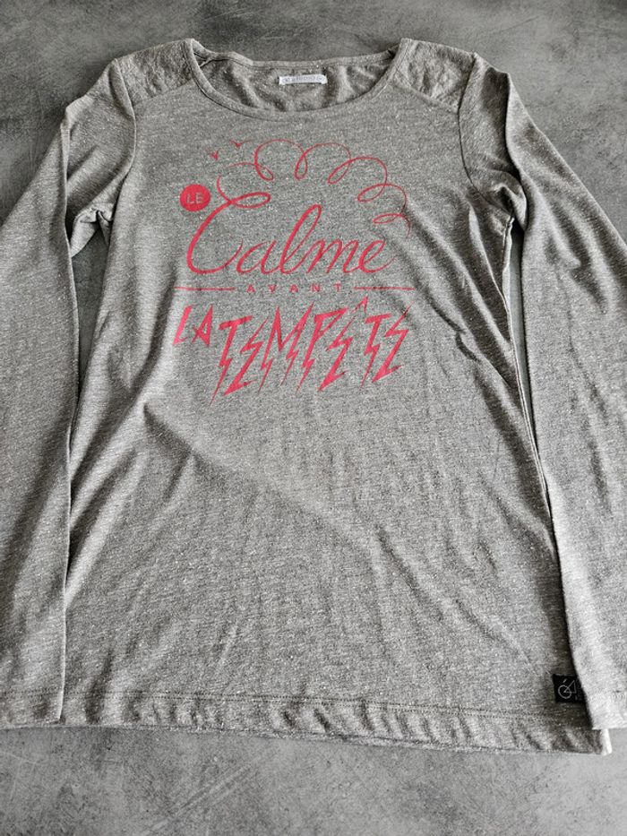 T-shirt à manches longues femme - Taille M / 38 - Studio - Gris imprimé rose - photo numéro 6