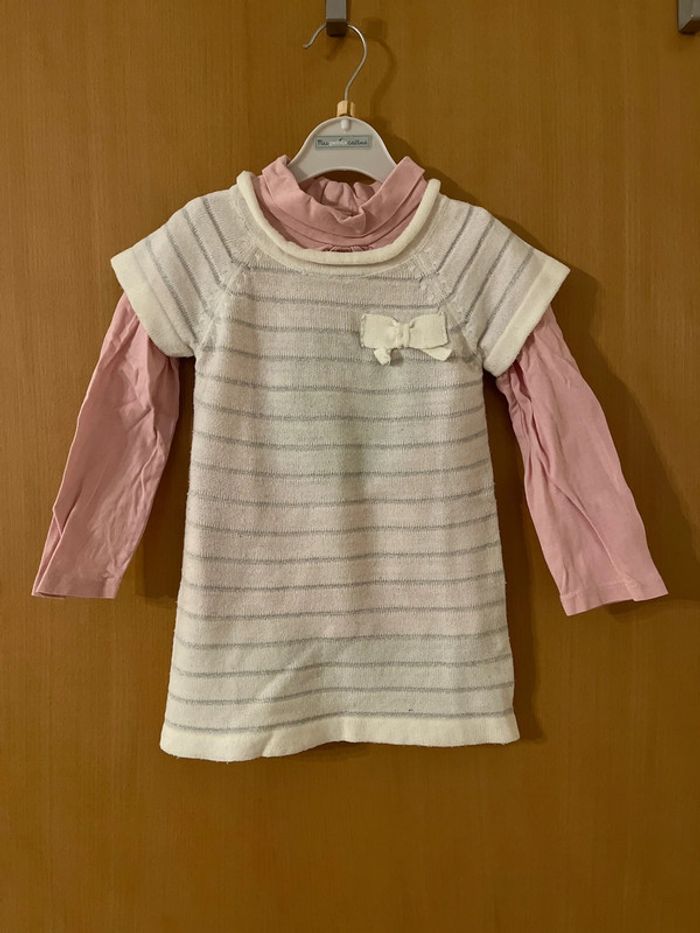 Robe / tunique blanche rayée et sous pull rose taille 2 ans - photo numéro 4