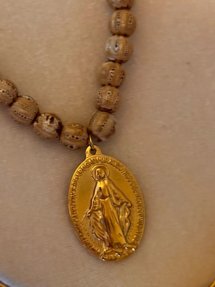 Collier réglable boules bois acier inoxydable or médaille xl vierge marie - photo numéro 2