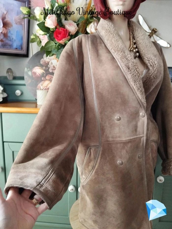 🌹 Manteau Cuir/Daim Velours Beige Clair Doublé Sherpa Vintage T40/42🌹 - photo numéro 10