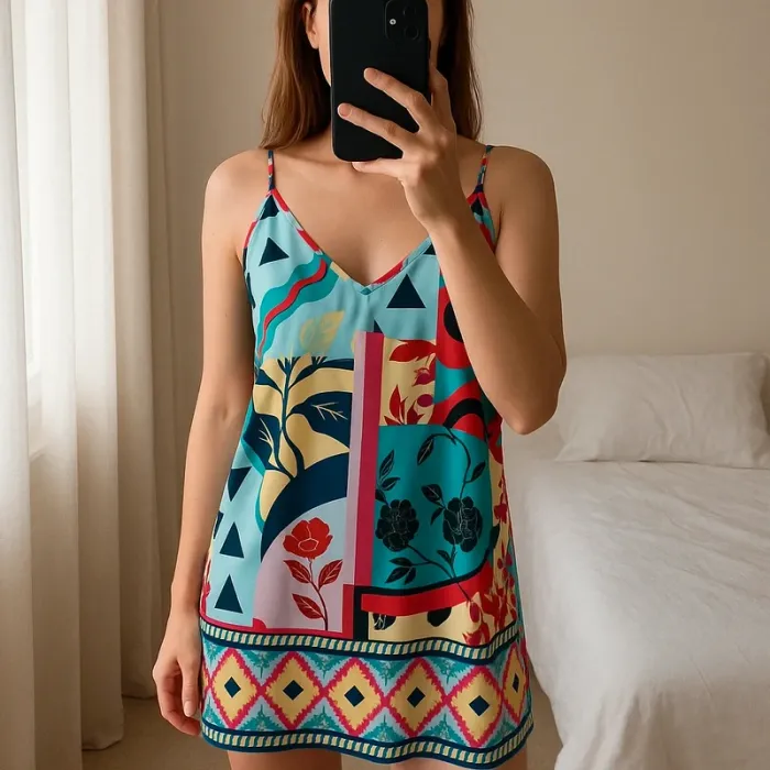 Robe d'été colorée imprimé fantaisie rose et feuilles fines bretelles