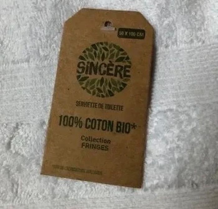 Lot de 2 Serviettes de toilette 50x100 cm Sincere en coton bio blanc neuf avec étiquette - photo numéro 3