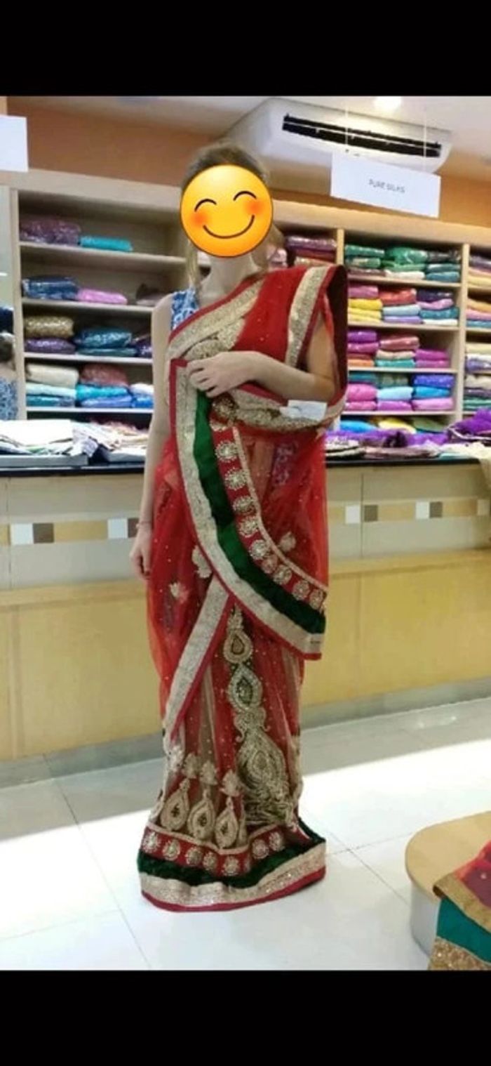 Véritable magnifique sari île Maurice brodé fait à la main rouge et vert velour robe indienne