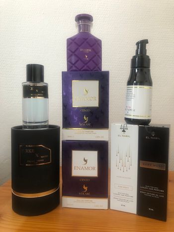Lot El Nabil premium — 1 parfum 50 ml 🥭, 2 parfums de poche 30 ml 🌹, 2 sprays voiture 85 ml 🚗