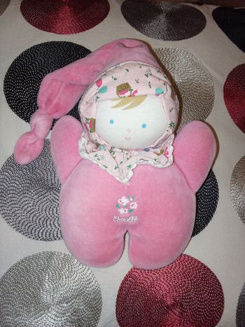 Doudou peluche poupée rose Corolle de 1999 d'occasion élastidoux framboise ref 00173 vintage en velours ras et tissu chiffon hochet grelot