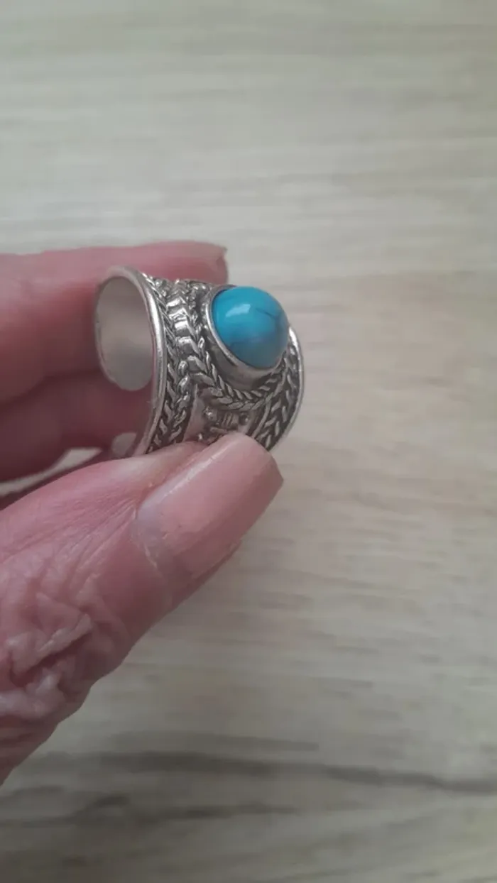Bague style Bohème, pierre turquoise, réglable - photo numéro 2
