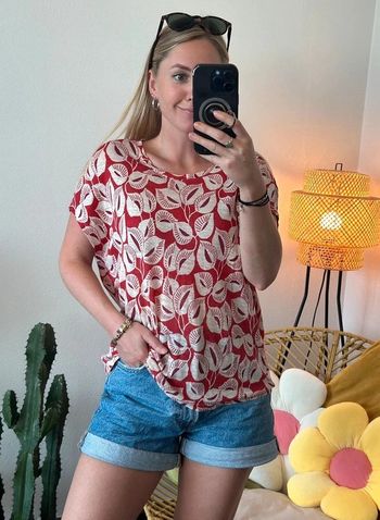 T-shirt en lin rouge et blanc à motifs, taille 38 - Monoprix