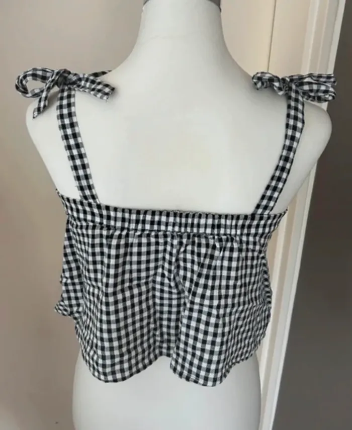 Madewell  top été court débardeur, caraco à bretelles,  Imprimé carreaux Vichy noir et blanc - photo numéro 2