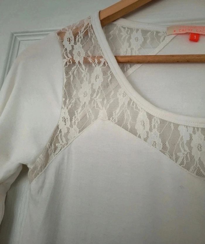 T-shirt femme manches 3/ 4 blanc avec dentelle aux épaules taille S - photo numéro 2