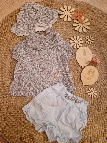 Ensemble blouse, short et bob fleurie bleu kiabi bébé fille 18mois