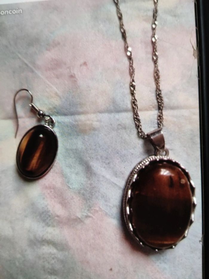 Pendentif pierre œil du tigre avec boucles d'oreilles - photo numéro 2