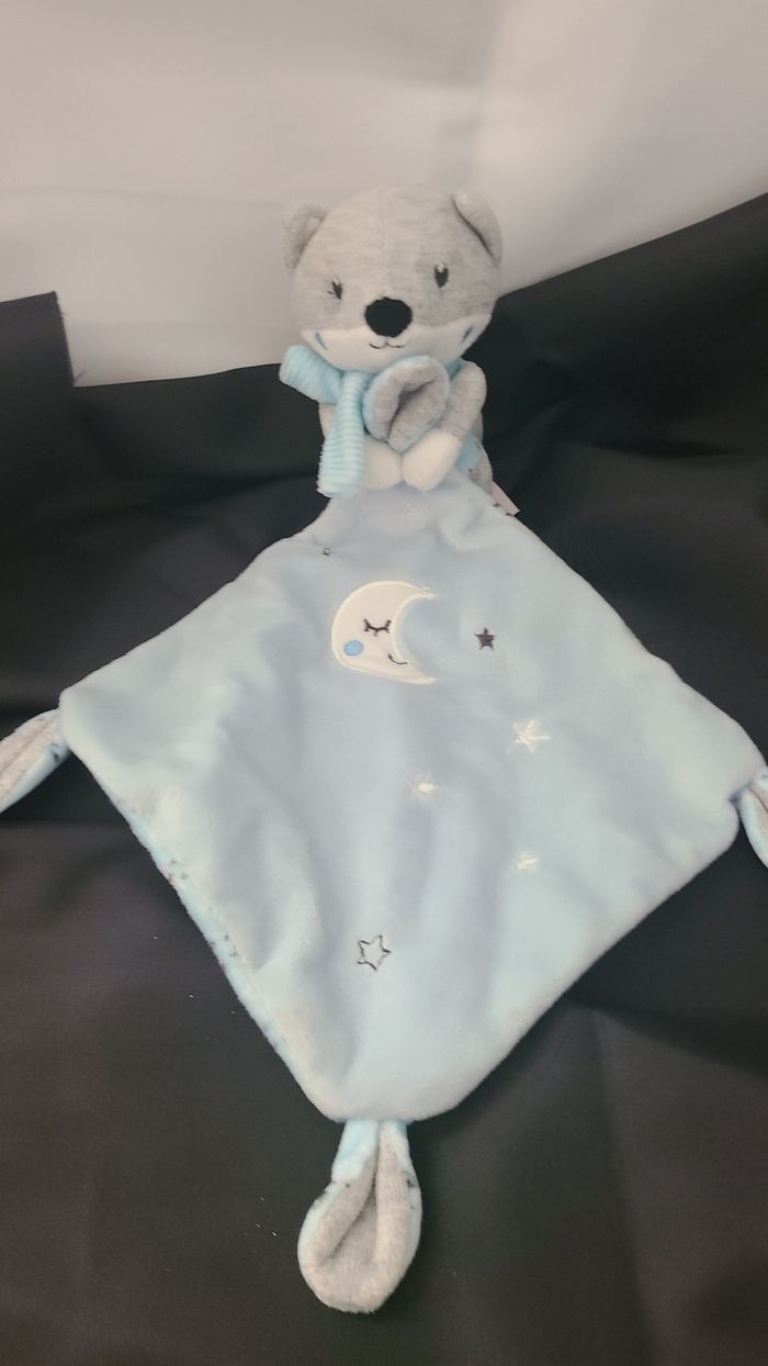 Doudou Renard POMMETTE mouchoir bleu lune et étoiles - photo numéro 4