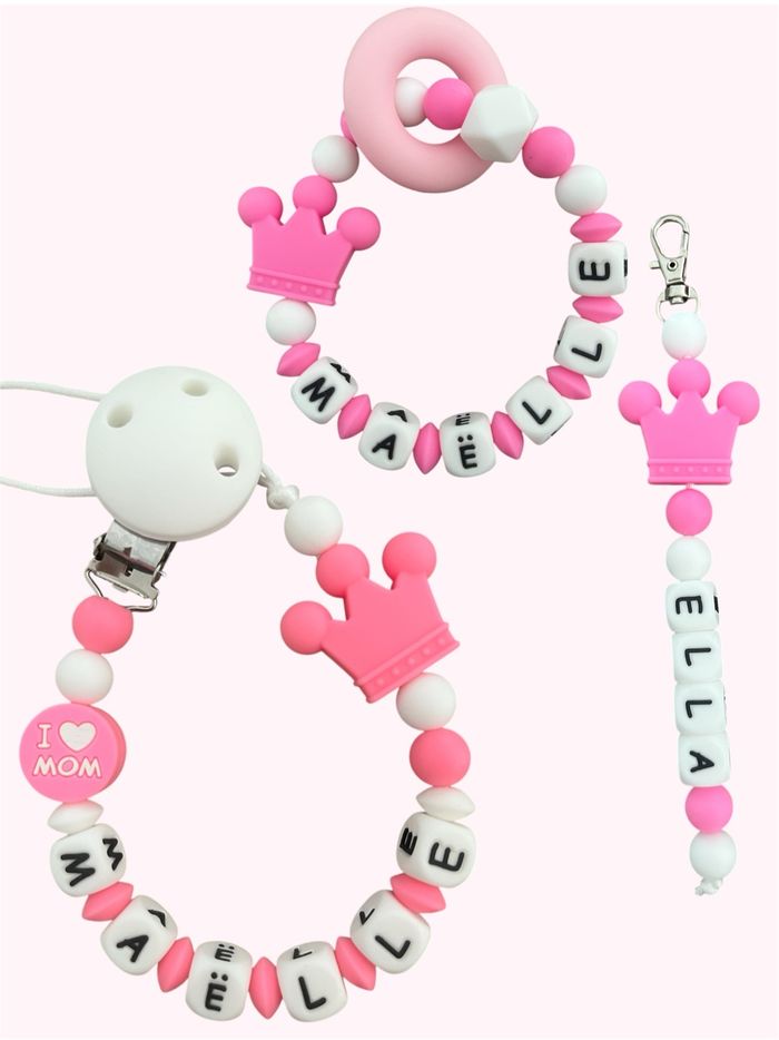 Attache tétine personnalisée couronne bleu ou rose - photo numéro 3