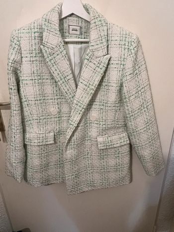 Veste pimkie verte brillante et blanche effet tweed