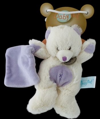B6298❤️  Doudou Peluche Mouchoir Ours Babynat Baby Nat Blanc Écru violet mauve