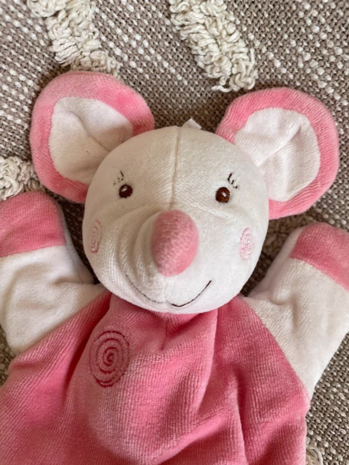 Peluche doudou 26cm Sucre d'orge souris rose et blanche très bon état - photo numéro 2
