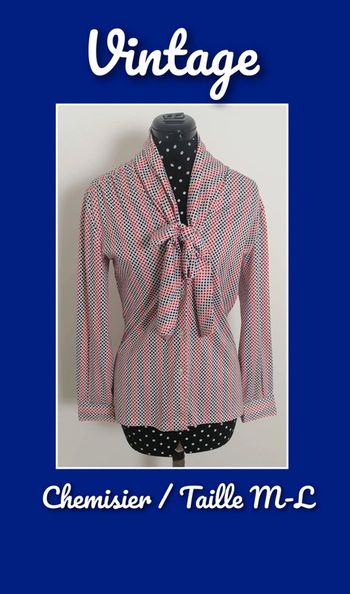 Chemisier blanc à pois rouge et bleu marine noeud Taille M/L Vintage