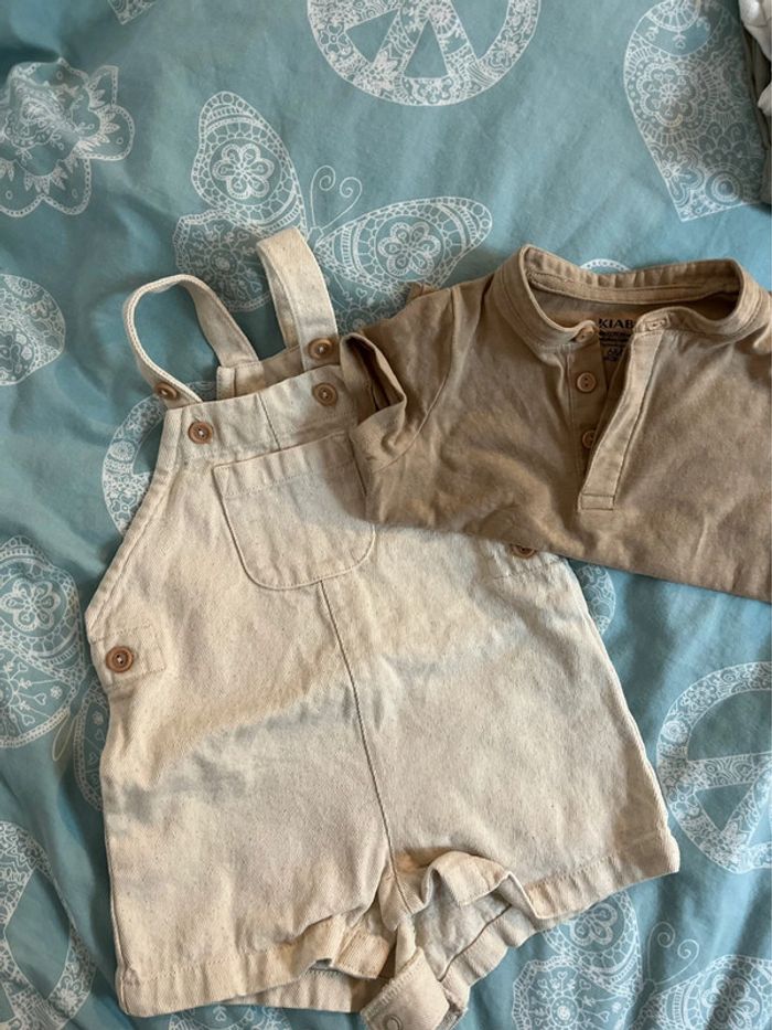 Ensemble salopette short + t shirt beige /marron 6 mois