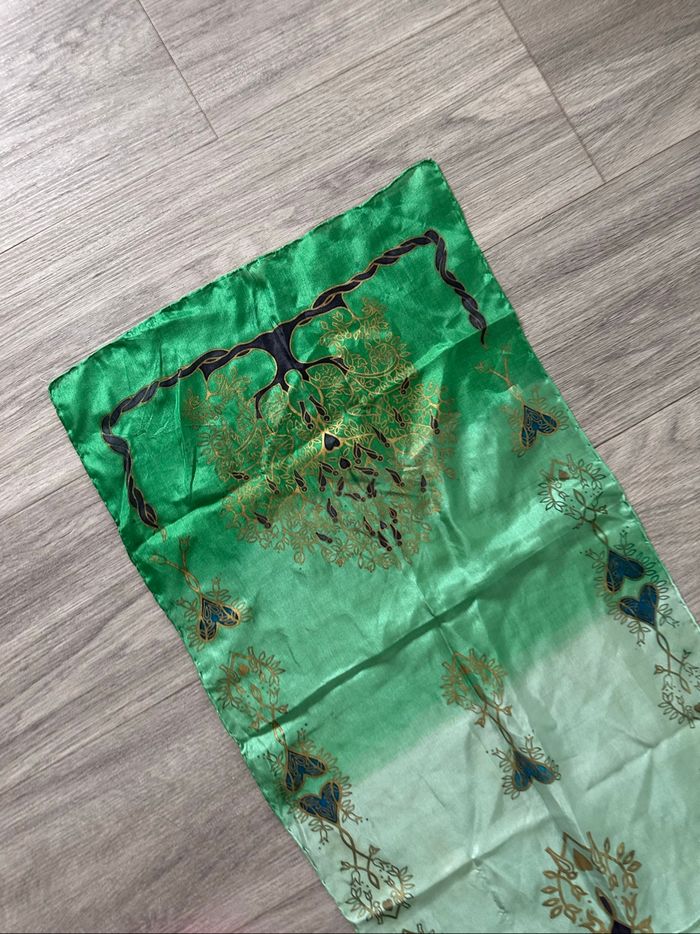 Foulard étole en soie verte et dorée Vintage 40x130cm - photo numéro 6
