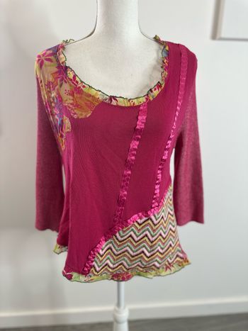 Blouse rose fuchsia et multicolore mesh et paillettes Y2K T38 M