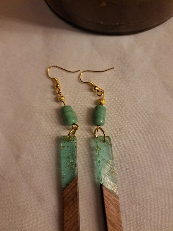 Boucles d'oreilles pendante marron vert doré - photo numéro 6