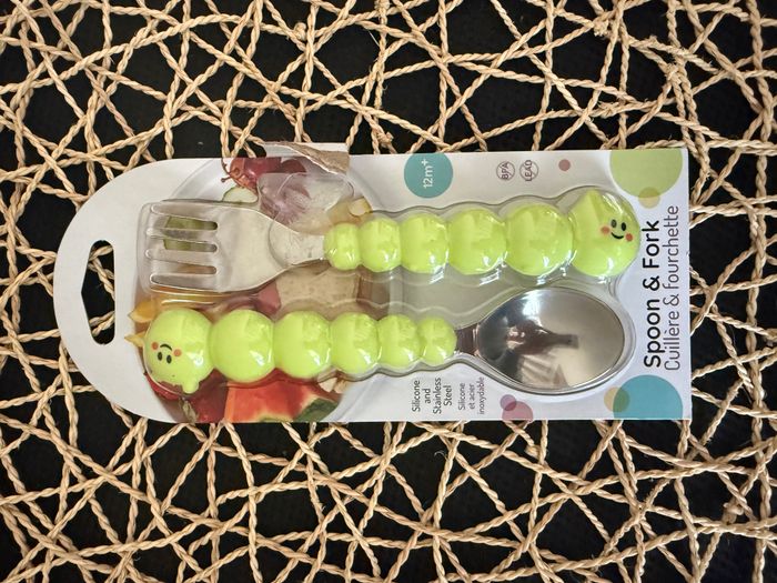 melii Caterpillar Ustensiles Cuillère et Fourchette pour tout-petits et enfants, Silicone et acier i