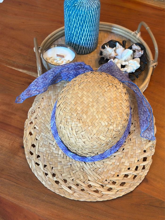 Chapeau en paille ruban imprimé bleu modèle vintage fabriqué en Italie T.U - photo numéro 7