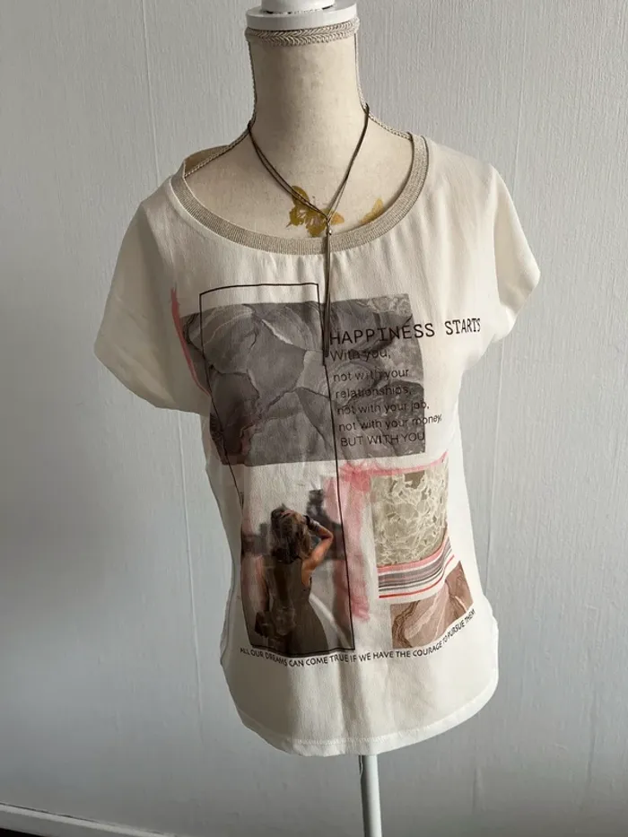 Tee shirt imprimé blanc creme - photo numéro 2