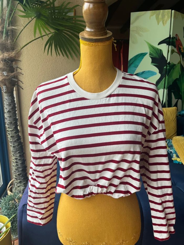 Sweat marinière Zara – Bordeaux & blanc – Taille S - photo numéro 2