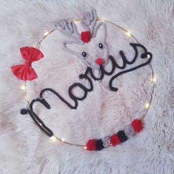 Décoration murale couronne fleur prénom personnalisé tricotin fait main guirlande lumineuse chambre bébé