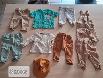 Ensemble 3 mois Lots de 3 mois garcon
2 pantalon fin
1 jogging
1 jeans 
2 salopette 
1 t-shirt manche longues
1t-shirt manche courte 