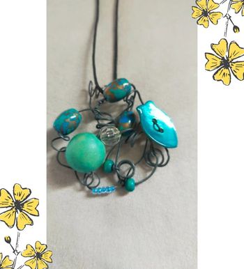 Collier fait main vintage – Fil noir & perles turquoise - Collection Brume Bleue