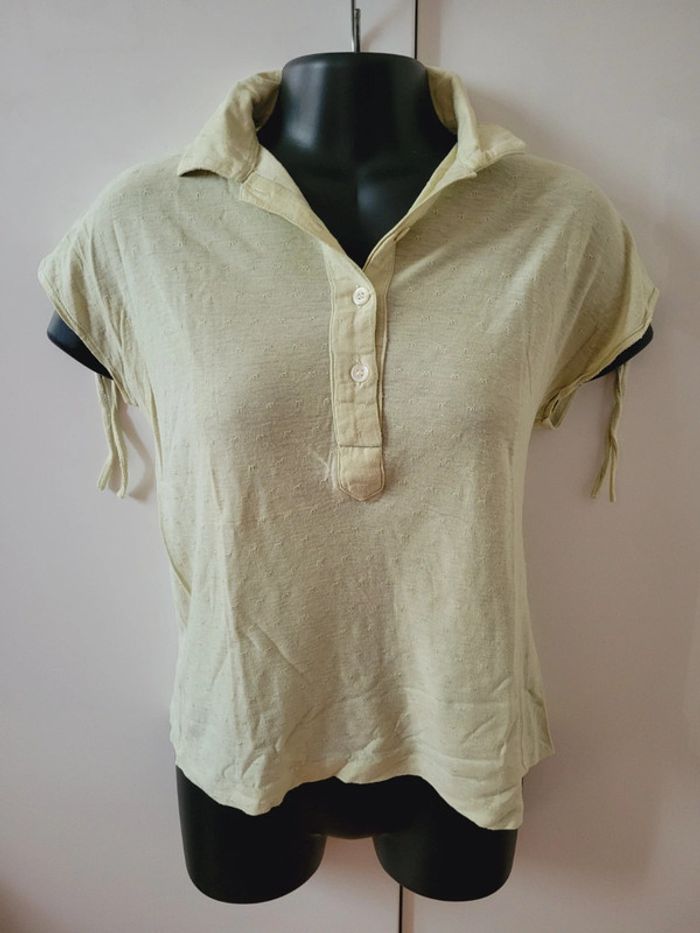 Haut Top tee shirt vert anis chemise chemisier en 100% coton coquette taille M 38