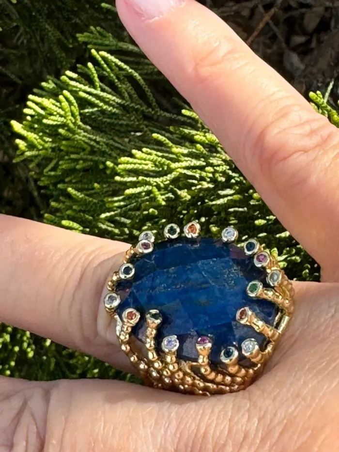 Grosse habaha Paris acier inoxydable or tige cristaux couleurs et pierre véritable lapi lazuli - photo numéro 2