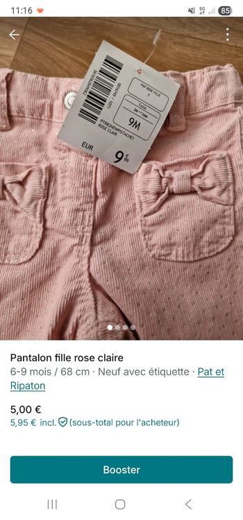 Pantalon fille 9 mois neuf rose