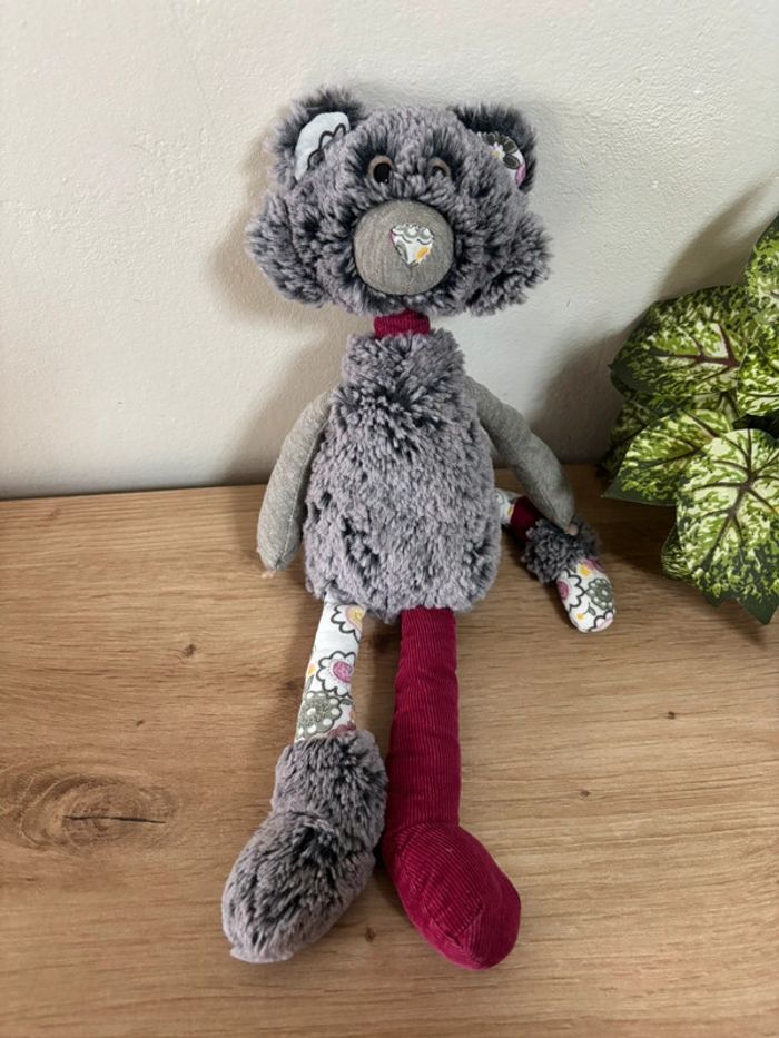 Doudou peluche chat gris bordeau fleuri trudi - photo numéro 2
