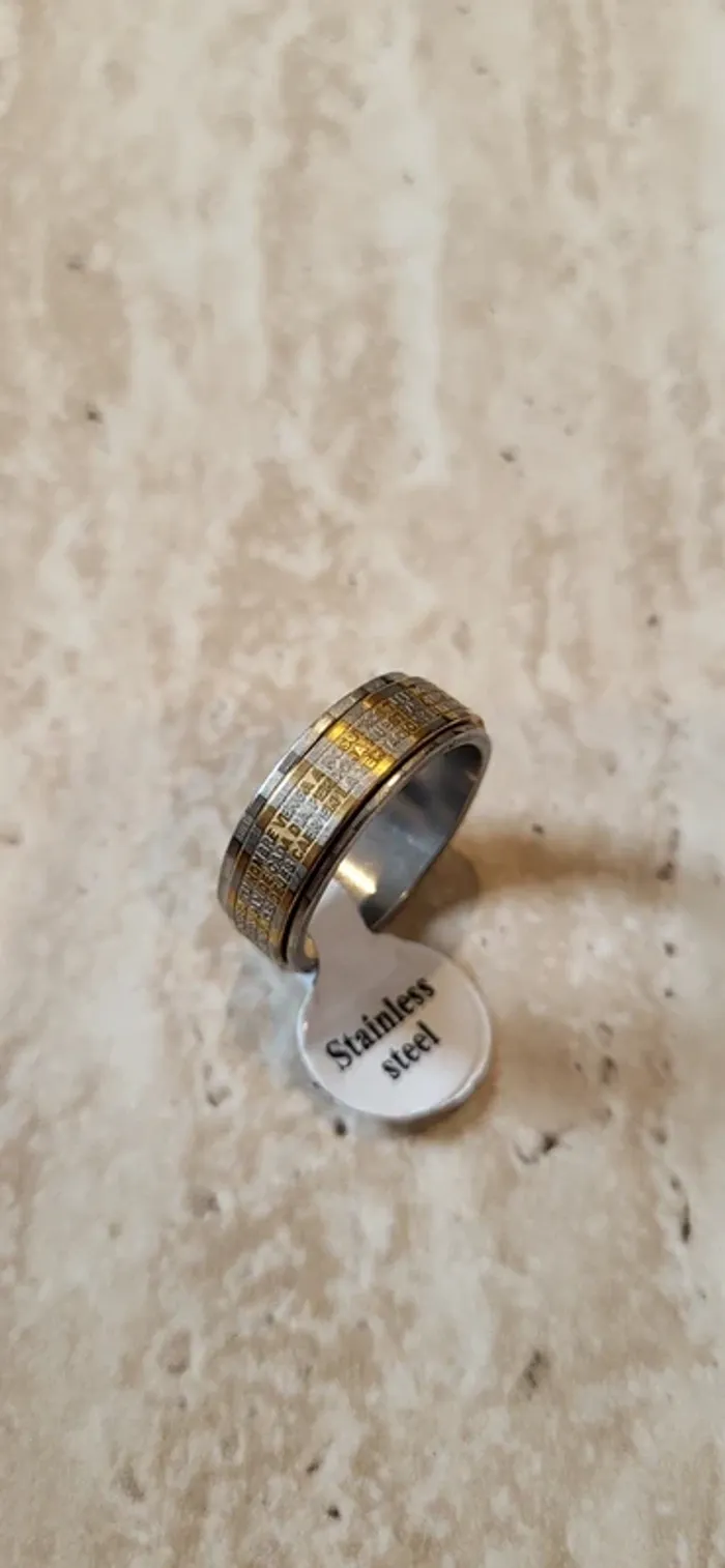 Bague acier argentée et dorée motifs gravés – Taille 19 - Neuf - photo numéro 4