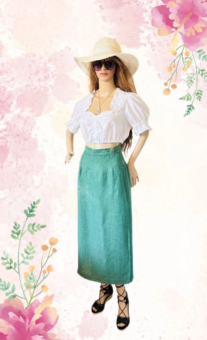🦚Jupe longue en lin vert champêtre Cottagecore Countryside Charm Green Linen Skirt🦚