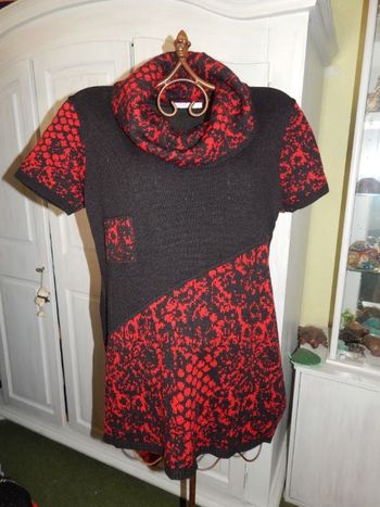 pull manche courte col boule noir/rouge XL Gémo