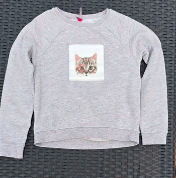 Pull gris chiné motif chat orchestra 8 ans en très  bon etat