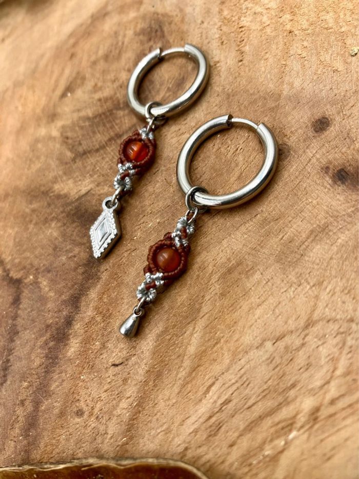 Boucles d’oreilles petites créoles acier inoxydable et macramé pierre Agate - photo numéro 2