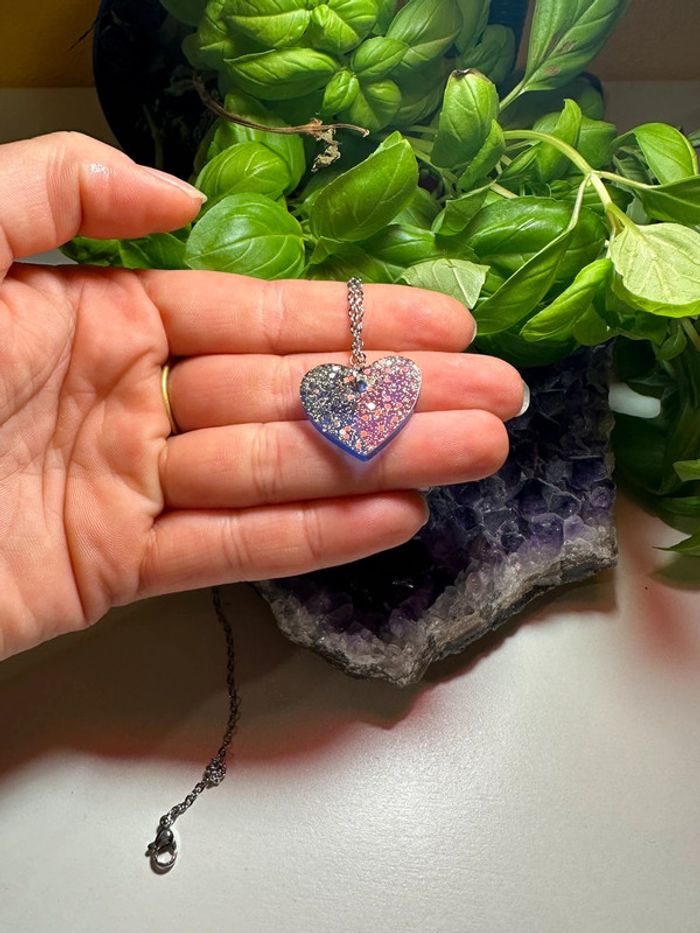 Pendentif grand cœur bleu et paillettes - photo numéro 4