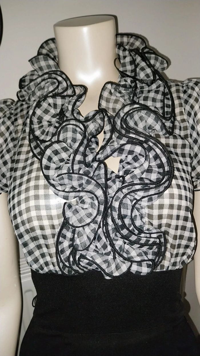 Robe rétro chic bimatiere vichy noir et blanc col jabot by Morgan état neuf taille S - photo numéro 3