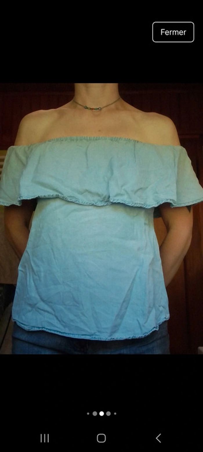 T-shirt épaules dénudées femme bleu clair aspet jeans - photo numéro 5
