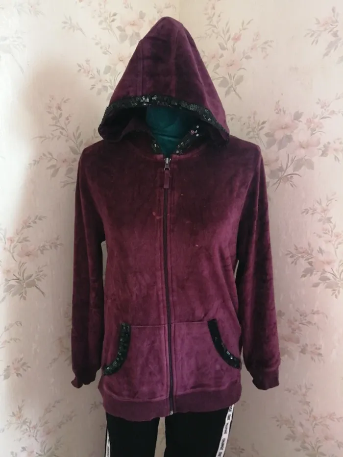 Veste à capuche bordeaux en velours avec poches et sequins / esmara / (M) - photo numéro 3