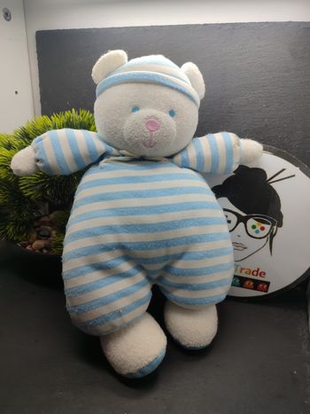 PE0232 doudou peluche ours luminou 2001 bleu blanc rayé rayure Luminescent 